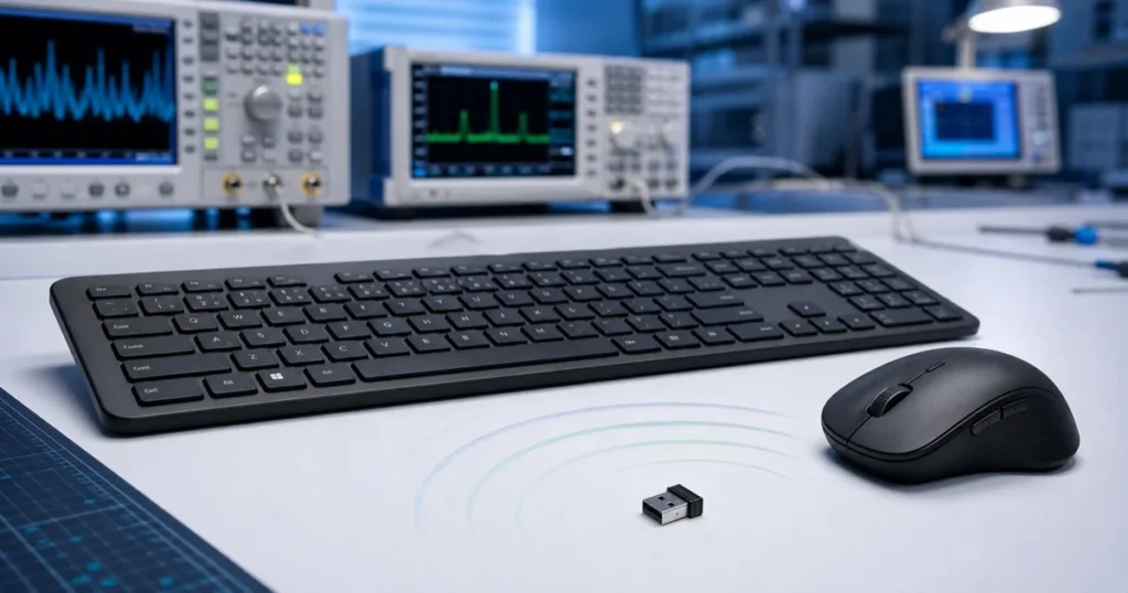 Teclado, mouse e dongle USB sem fio em bancada de radiofrequência