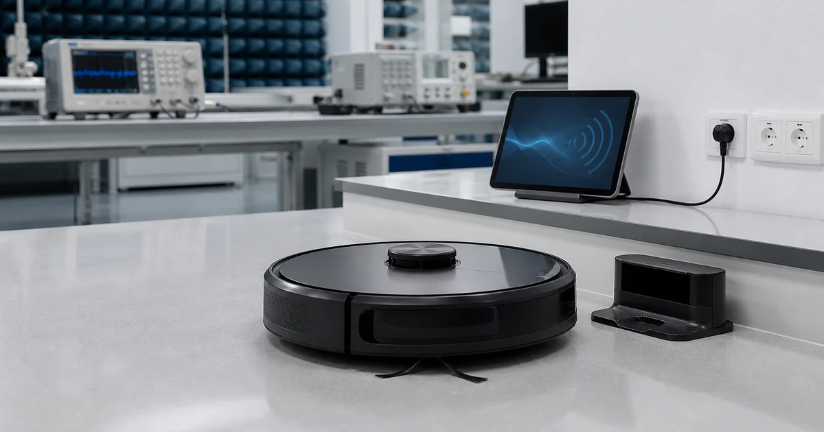 Robô aspirador com base de carregamento em laboratório de avaliação técnica