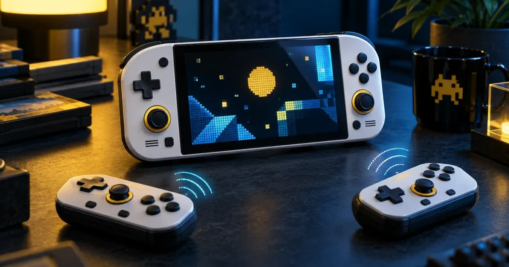 Videogame portátil retrô com controles sem fio em mesa de jogos